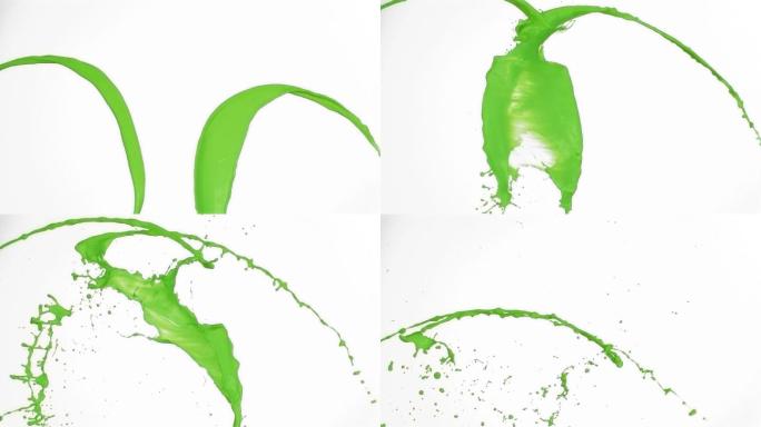 绿线在超级慢动作与油漆在白色的背景
