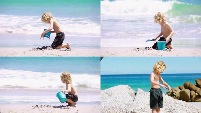 一个金发小孩在沙滩上玩耍的动画