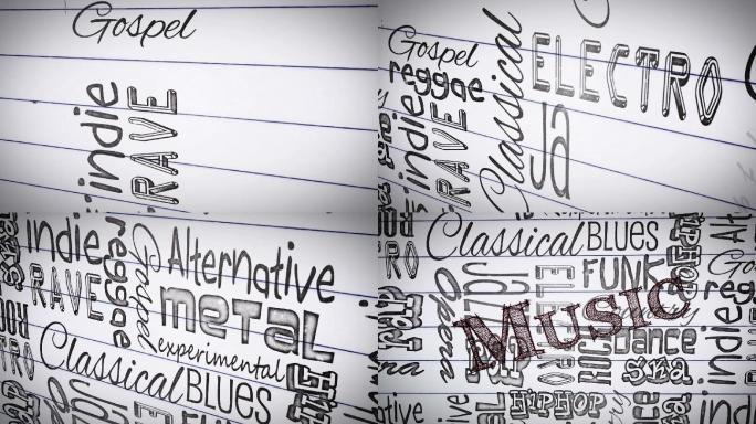 不同音乐风格的动画出现在一张纸上