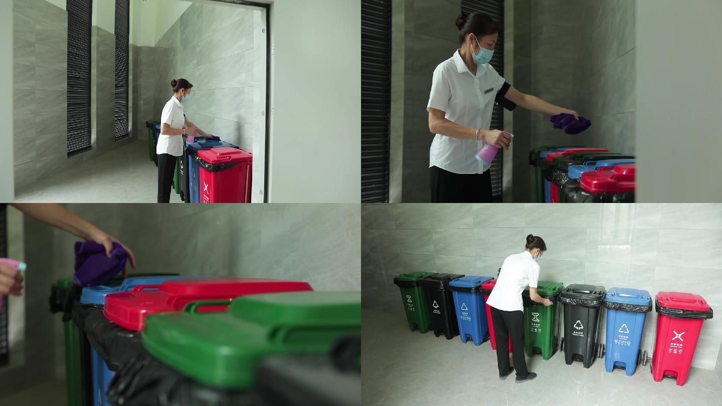 清洁工清洗垃圾桶 消毒
