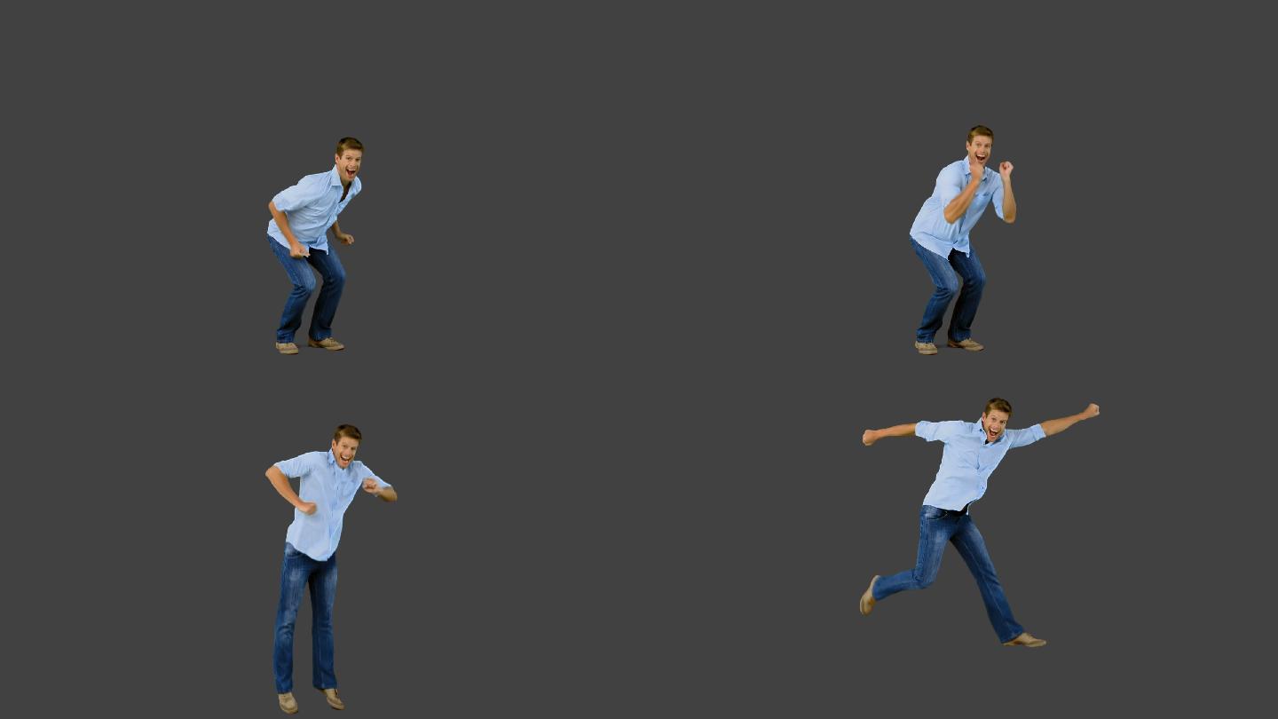 一个男人在灰色屏幕上跳来跳去，用慢动作做手势