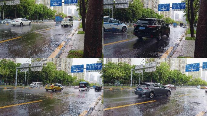 0014_D实拍下雨天城市道路斑马线汽车