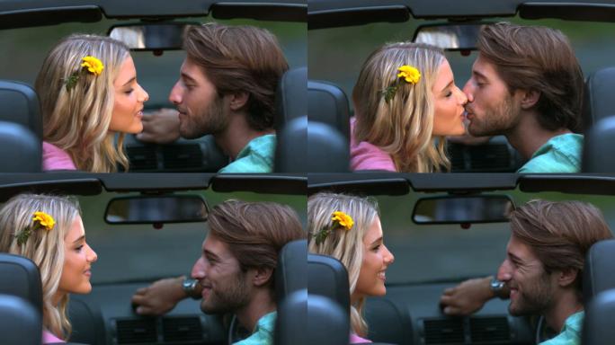 幸福的一对在车里接吻的慢镜头