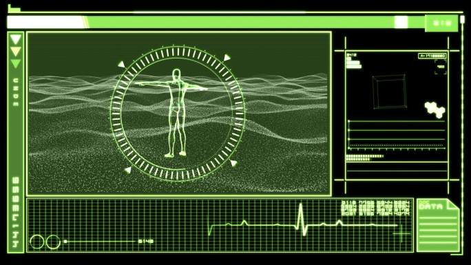 医学数字界面显示绿色旋转人形，背景为黑色和绿色