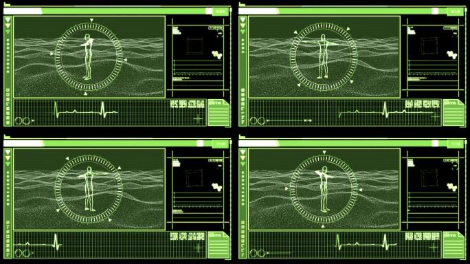 医学数字界面显示绿色旋转人形，背景为黑色和绿色