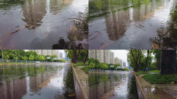 0009_D实拍下雨天城市道路路面积水