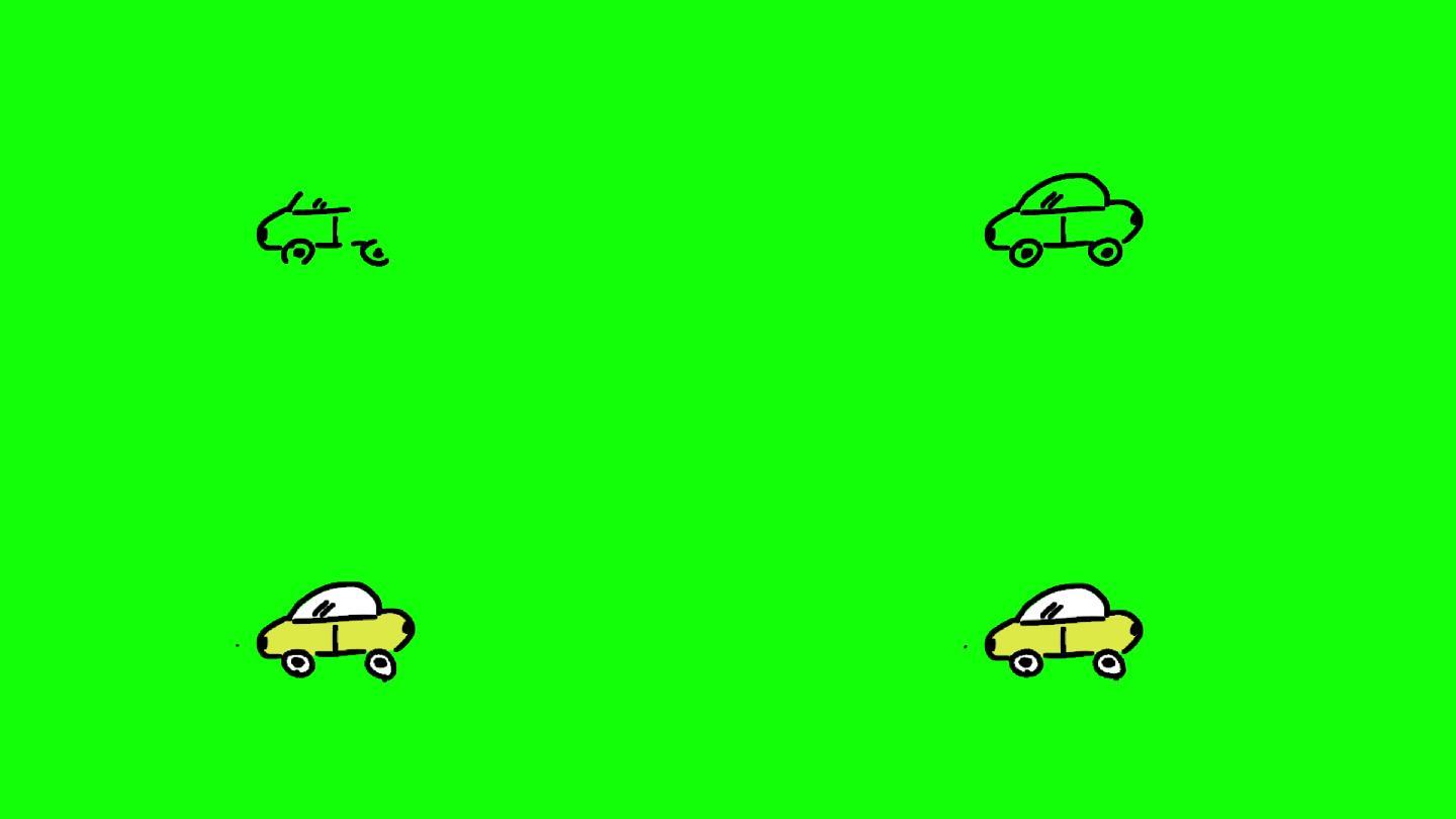 绿色屏幕上出现彩色汽车的动画