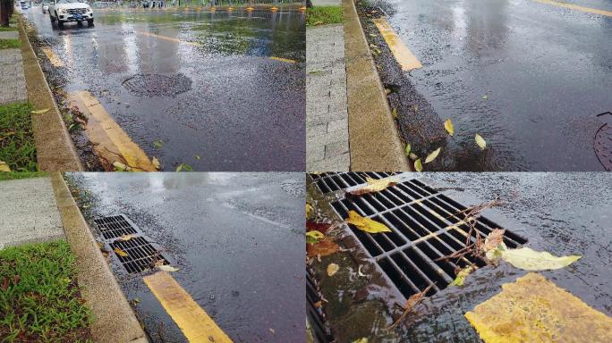 0013_D实拍下雨天城市道路下水道口