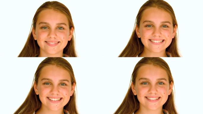 女孩在白色背景下微笑的慢镜头，每秒250帧