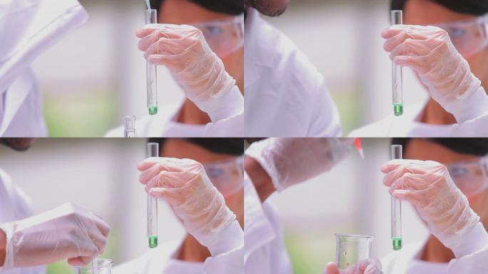 化学家们在实验室里观察试管里的液体特写