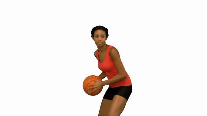 女人在白色背景下打篮球特写