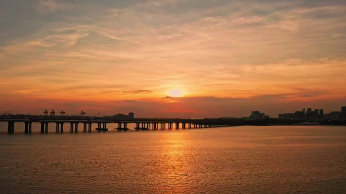 广深沿江高速公路夕阳下航拍前进