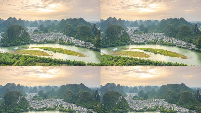 桂林阳朔大气风光延时航拍素材漓江县城旅游