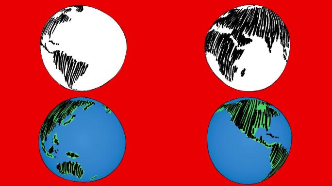 正在孕育旋转的地球在红色屏幕上的绘画