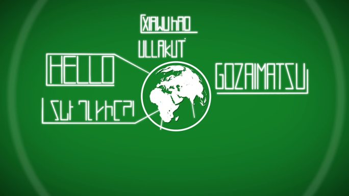 动画hello在许多不同的语言和地球插图在绿色和白色