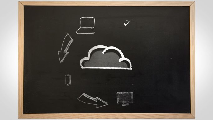黑板上电子设备绕着云旋转的动画