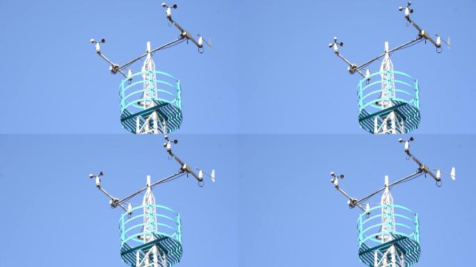 蓝天下气象站台的气象监测仪铁塔仰拍