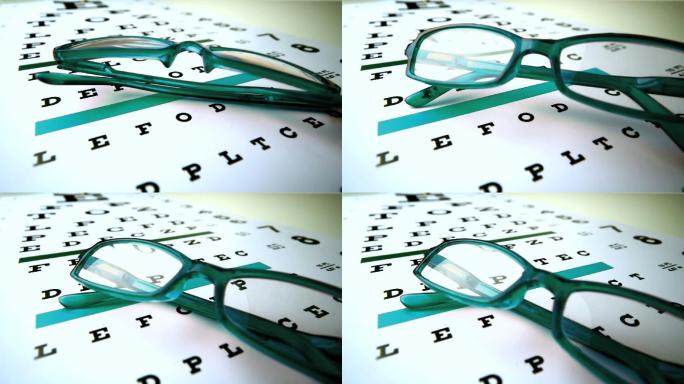 绿色老花镜落在视力测试表上特写