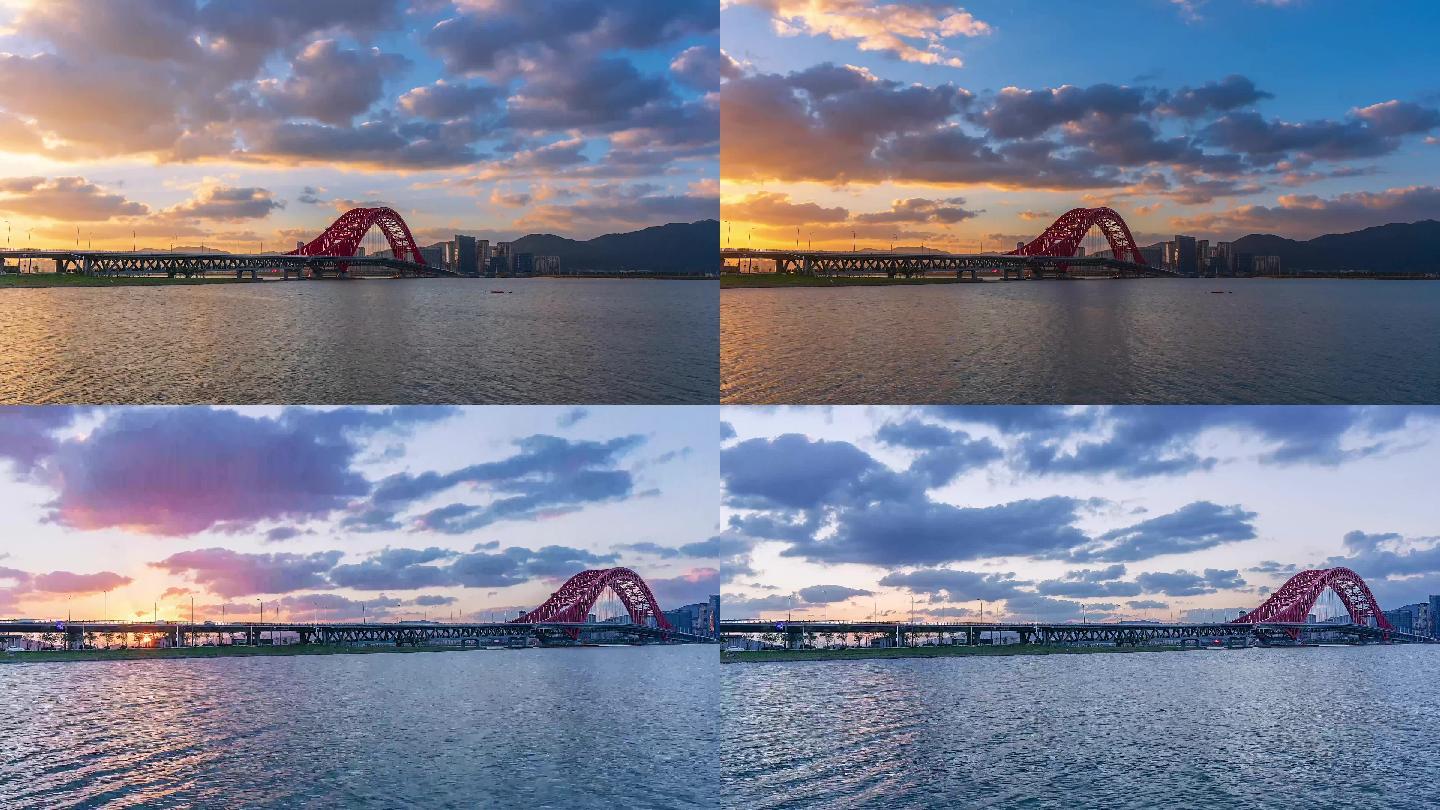 红桥黄昏夕阳延时摄影