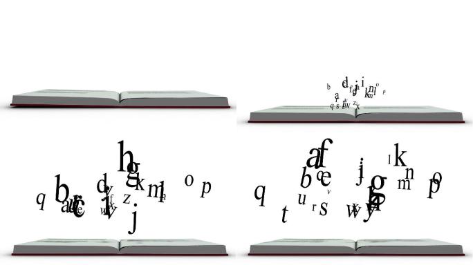 书打开和字母漂浮在白色的背景动画特效