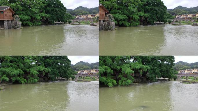 福建土楼云水谣怀远楼航拍阴天水车古镇河流