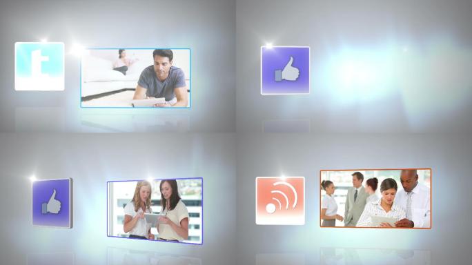 社交媒体符号的蒙太奇与人们在白色和灰色发光背景上使用数码平板电脑的剪辑