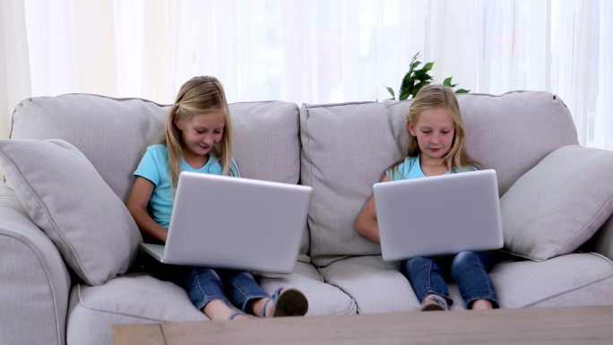 姐妹们在沙发上用笔记本电脑