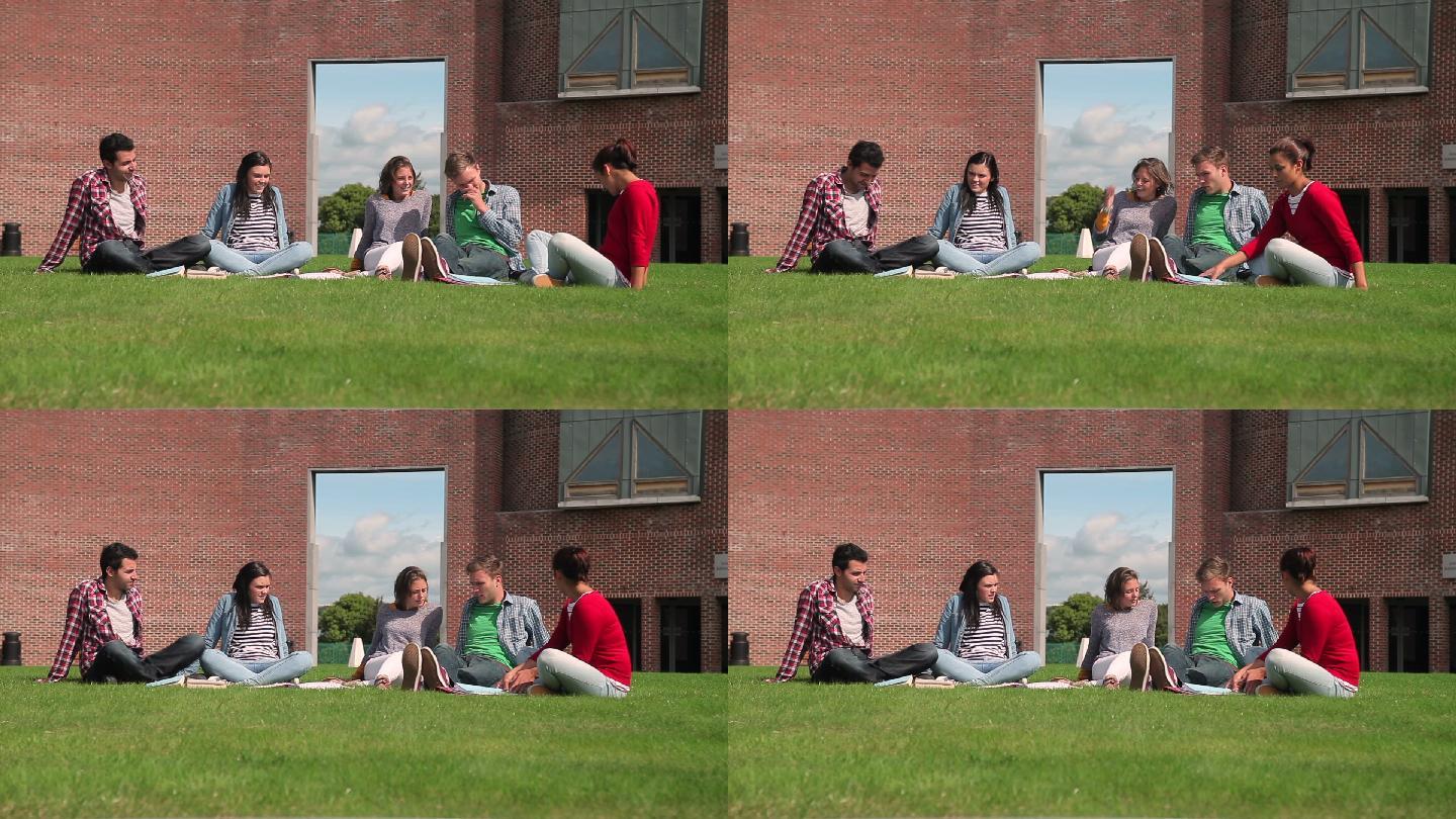 在校园里，学生们坐在一起聊天