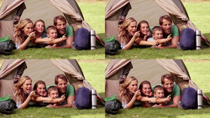 一家人在户外搭帐篷野营特写