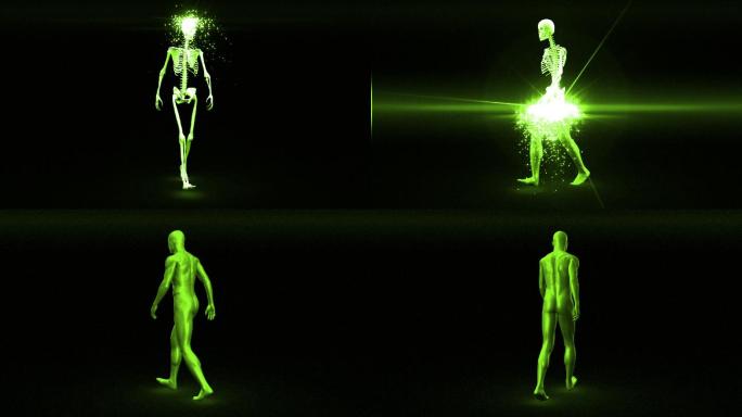 行走的绿色骨骼出现，在黑色上旋转，成为完全成形的人类