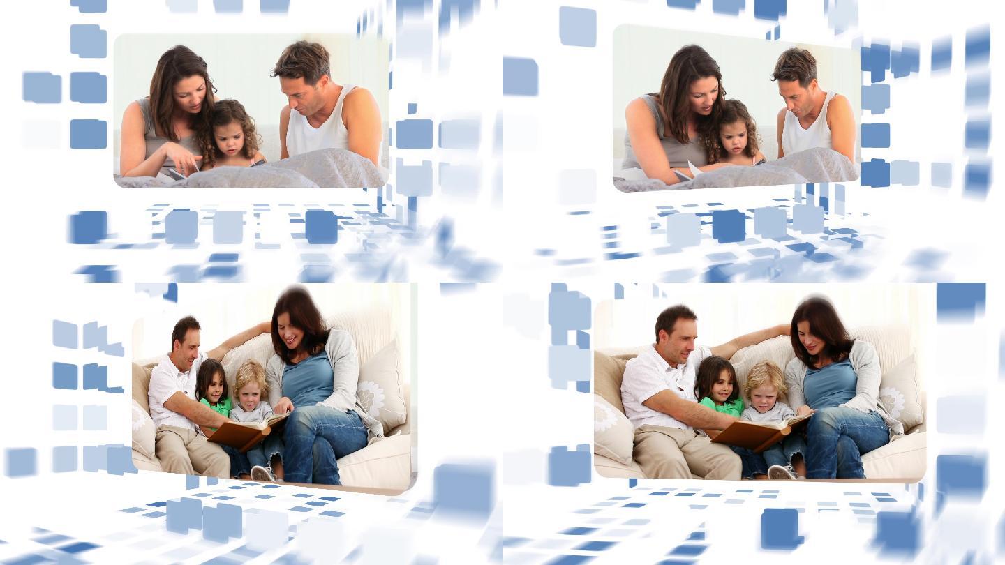 蒙太奇家庭一起阅读在家里的蓝色马赛克背景