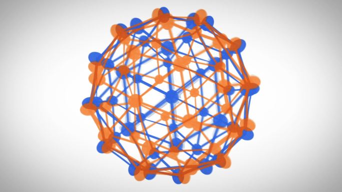 在白色背景上旋转橙色和蓝色连接的球体