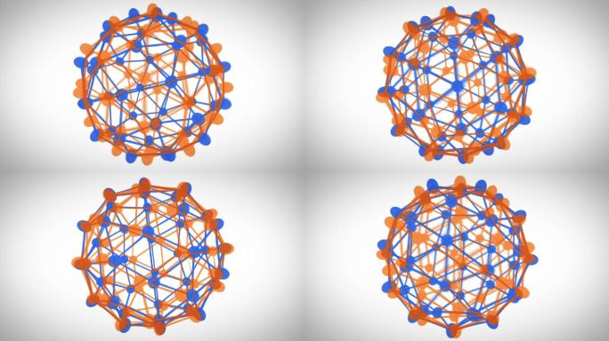 在白色背景上旋转橙色和蓝色连接的球体