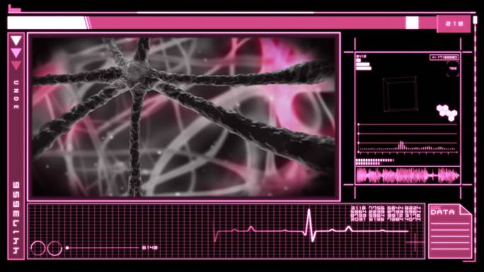 数字界面显示粉红色神经元脉冲通过神经系统在粉红色和黑色的背景