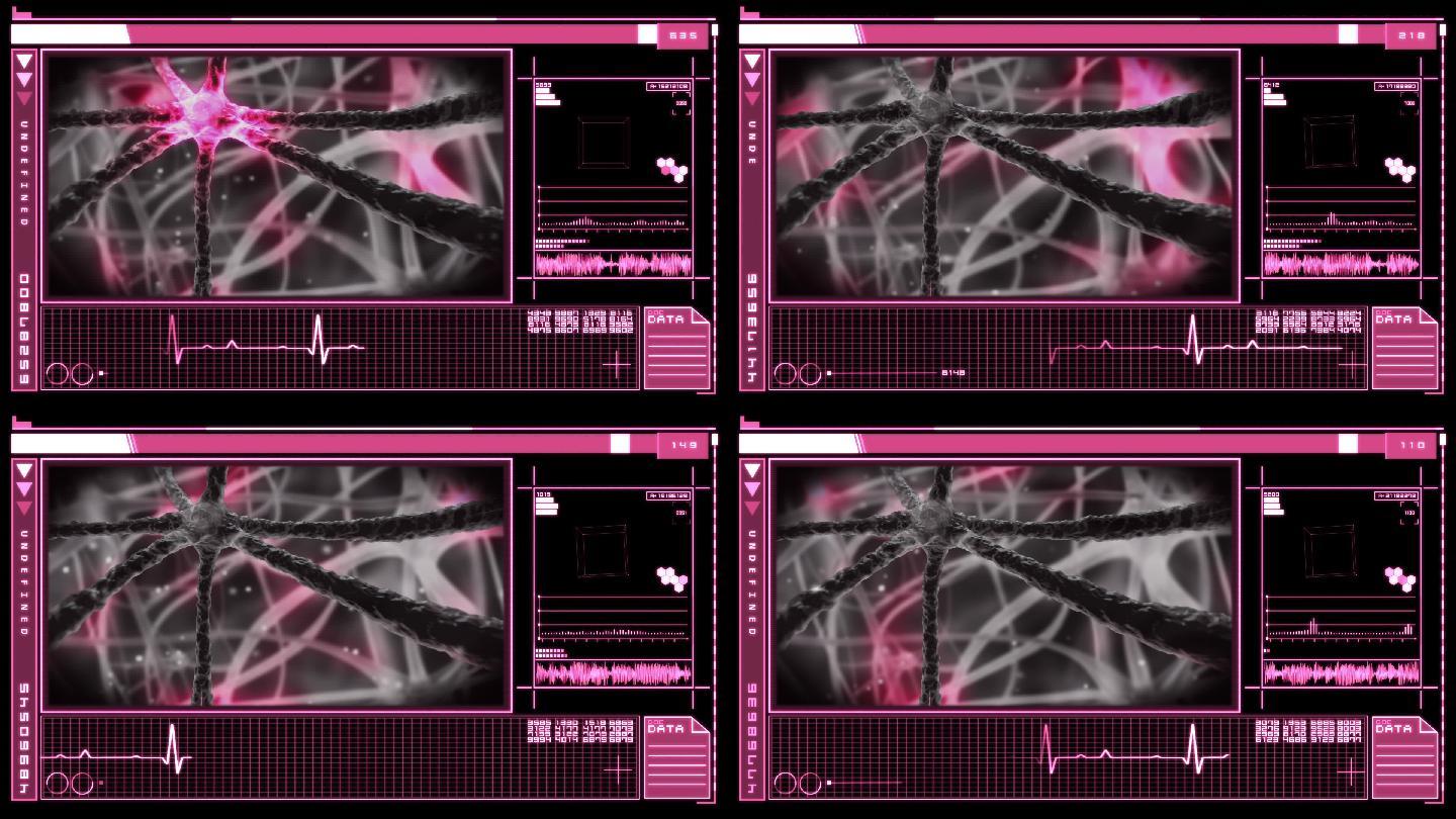 数字界面显示粉红色神经元脉冲通过神经系统在粉红色和黑色的背景