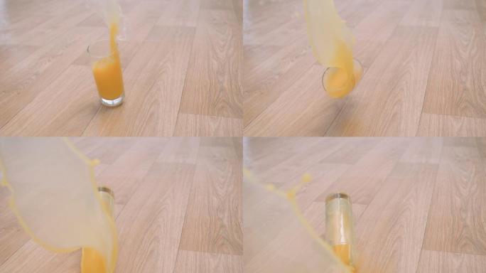 一杯橙汁超级慢镜头掉在地板上