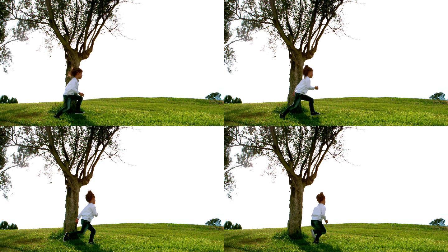 小女孩绕着树跑的慢镜头