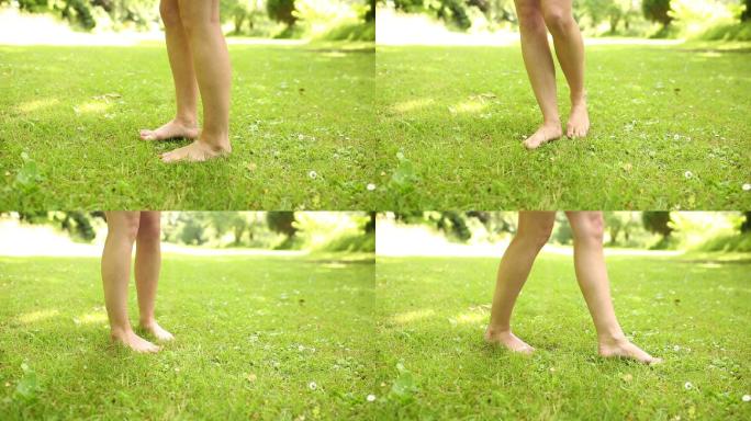 一个女人光着脚在草地上走特写