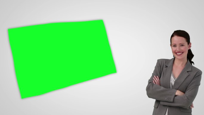 动画微笑的女商人呈现绿色屏幕上的白色背景