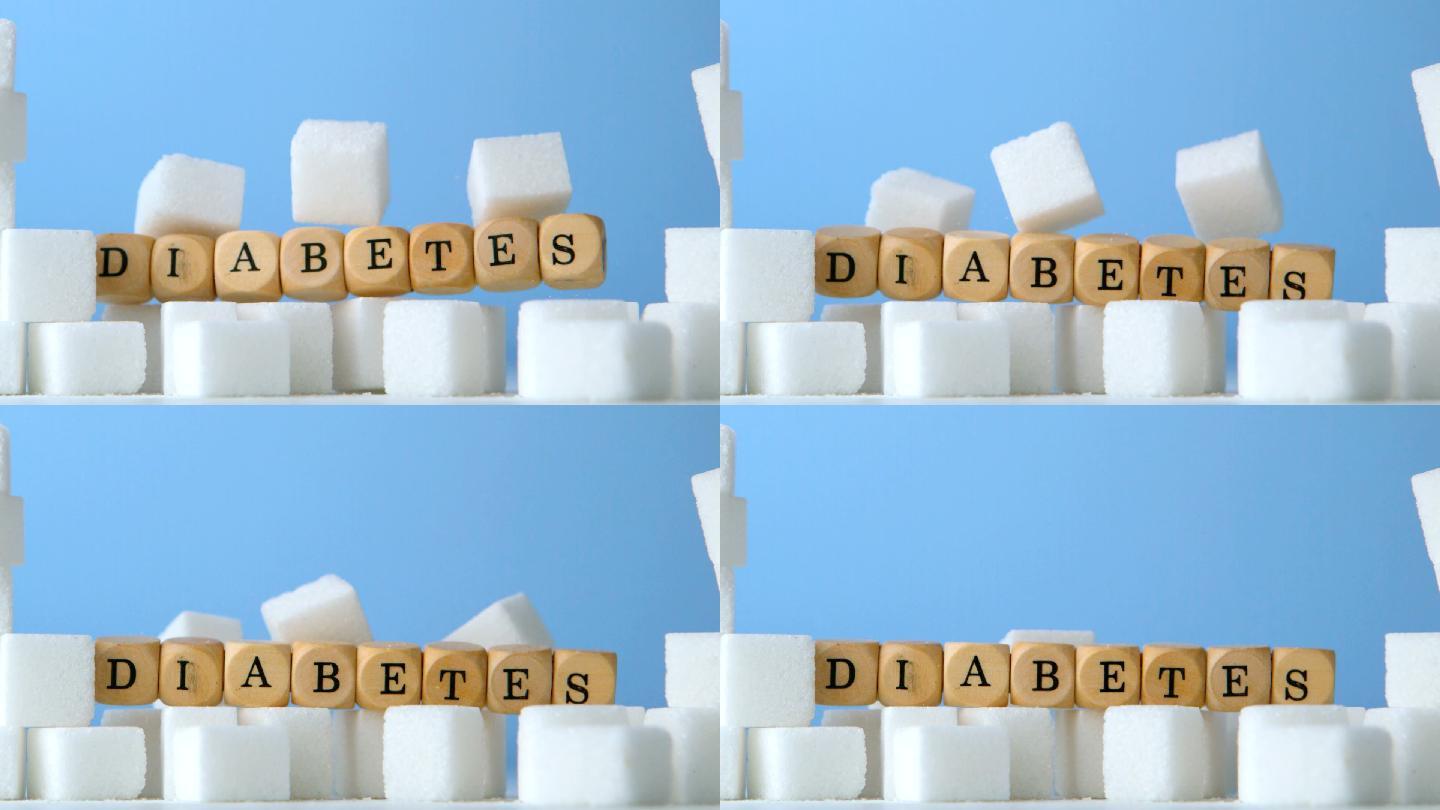 方糖和英文单词糖尿病骰子摆拍特写
