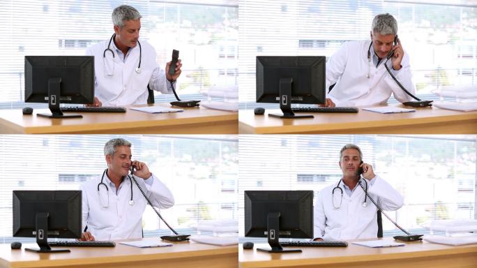 医生打电话用电脑远程会诊主任室独立办公病