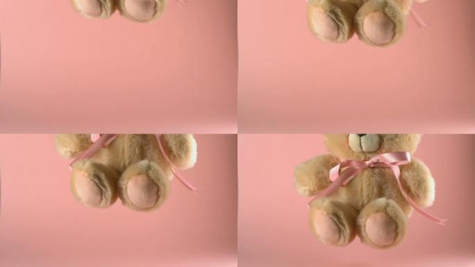 可爱的泰迪熊跌落和弹跳在一个粉红色的表面在慢动作