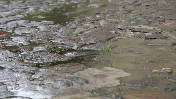 下雨天石子路面雨滴石头路雨水积水