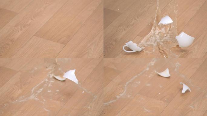 一杯牛奶巧克力掉在地板上特写