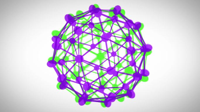 在白色背景上旋转绿色和紫色连接的球体