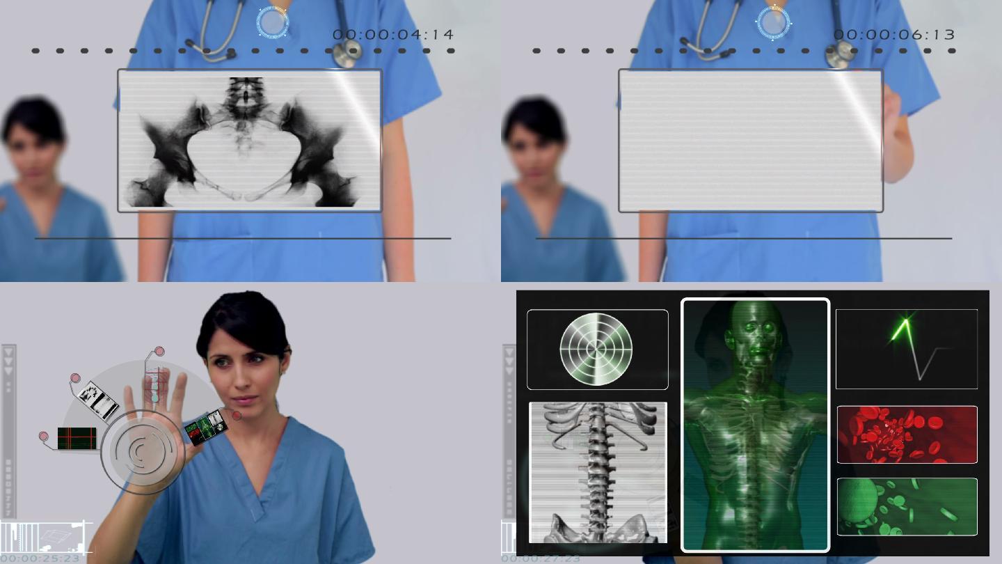 护士使用数码触屏查看各种白底医学图像