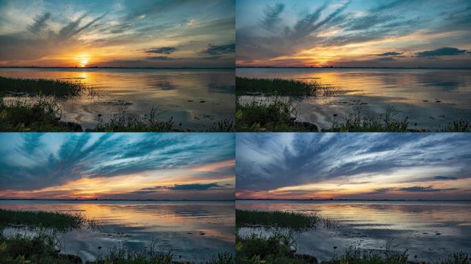 4K苏州阳澄湖落日湖面延时摄影