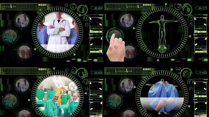 手动选择剪辑或医生，外科医生和护士团队在互动的黑色和绿色emnu旋转人形