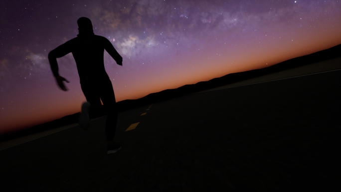 梦幻银河星空下运动员奔跑迎接日出追逐太阳