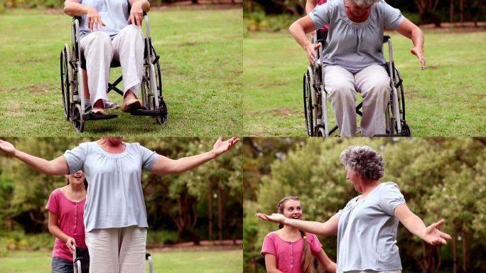 一位坐在轮椅上的老妇人奇迹般地跳了起来，能走路了